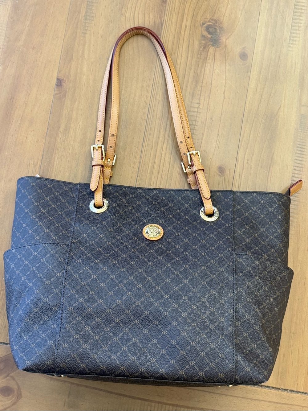 Rioni Moda Italia Canvas Tote Shoulder Bag Brown Monogram Print Handbag J9836Y - Picture 13 of 13